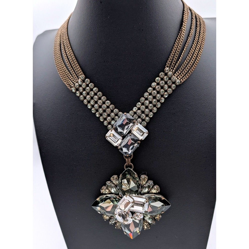 Antique Brass Multi Strand Smoky Crystal Statement Necklace Bold Floral Pendant